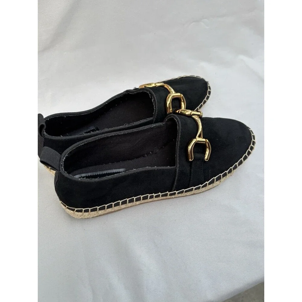 Zara Black Swede  Espadrille Flats with Gold Buckle 39